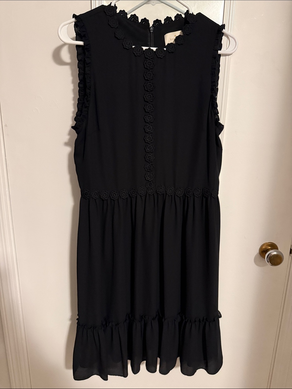 kate spade Black Sleeveless Floral-Trim Ruffle Dress